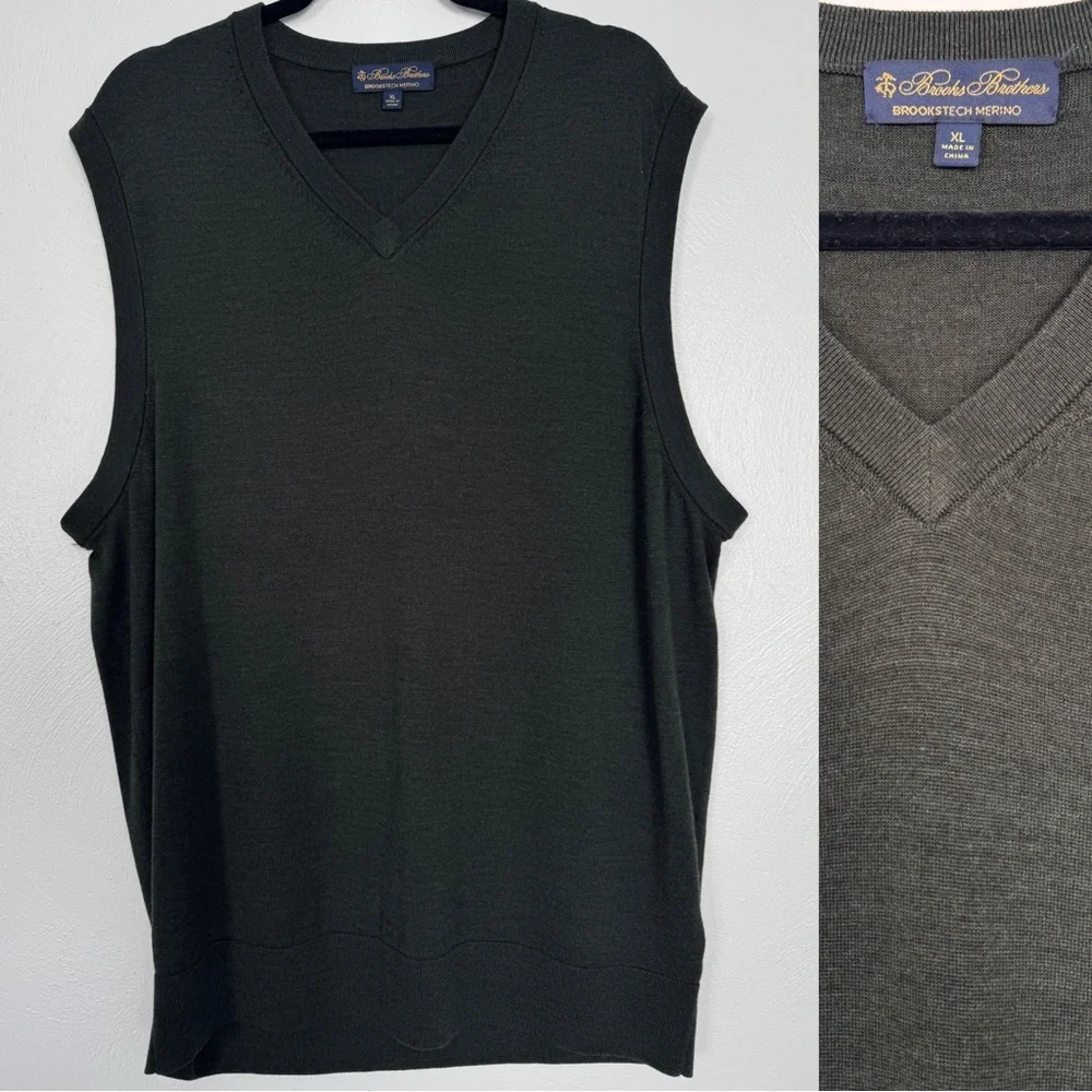 Brooks Brother Vest Men XL Brookstech Merino Wool Olive Green Preppy‎ Academia